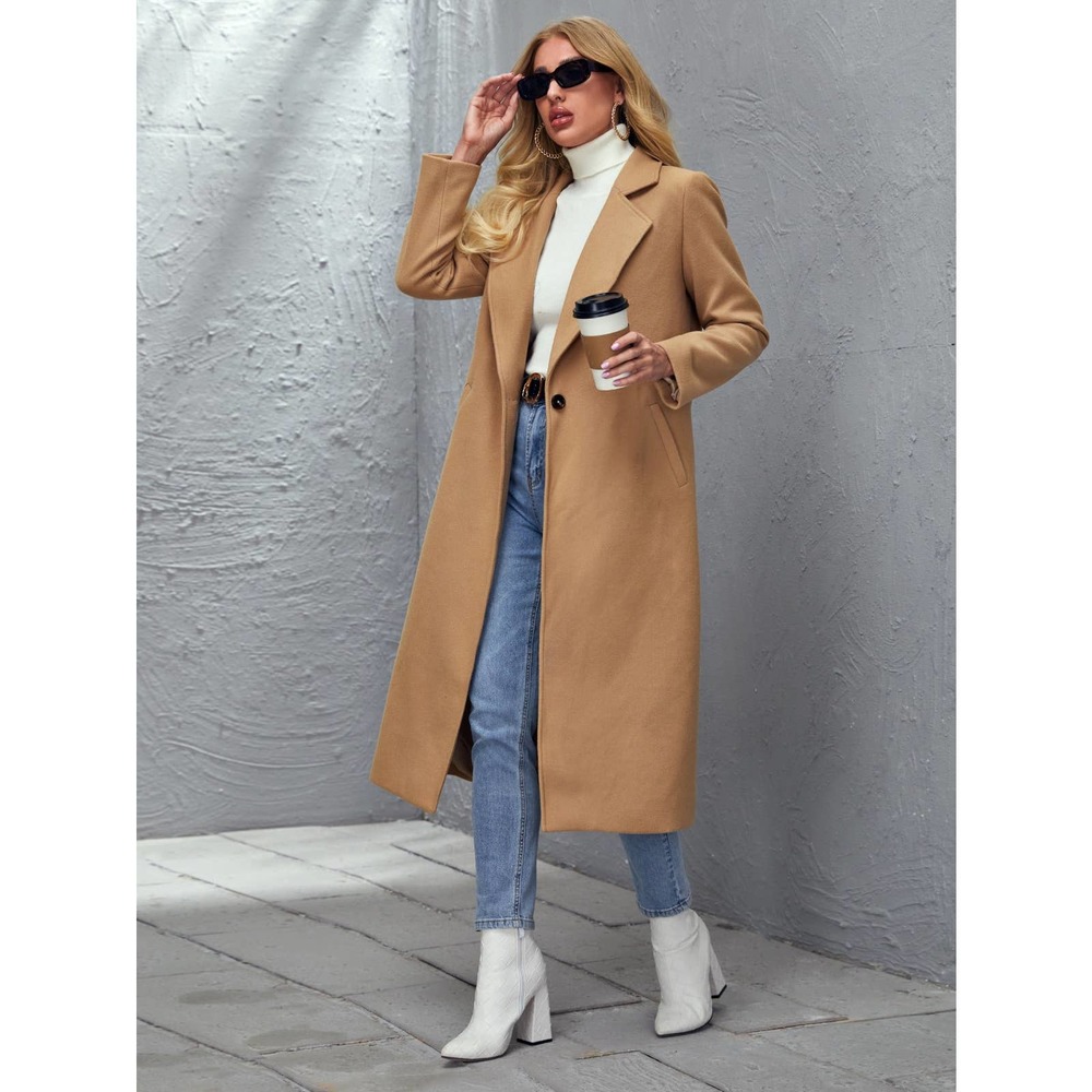 Single Button Overcoat peacoat pea coat preppy tan camel long line - Picture 3 of 7